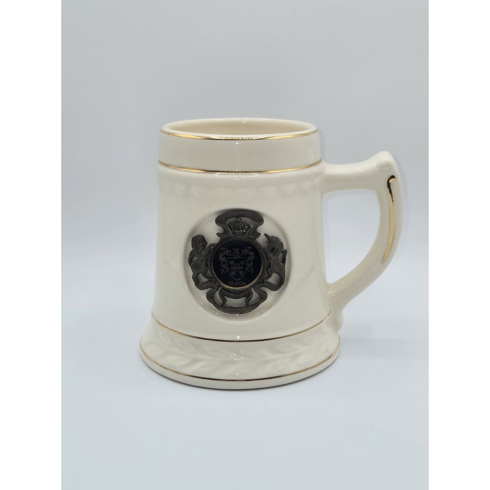 Olson Family Crest Ceramic Beer Stein C-709 Made in USA Gold Trim Heraldic Mug
